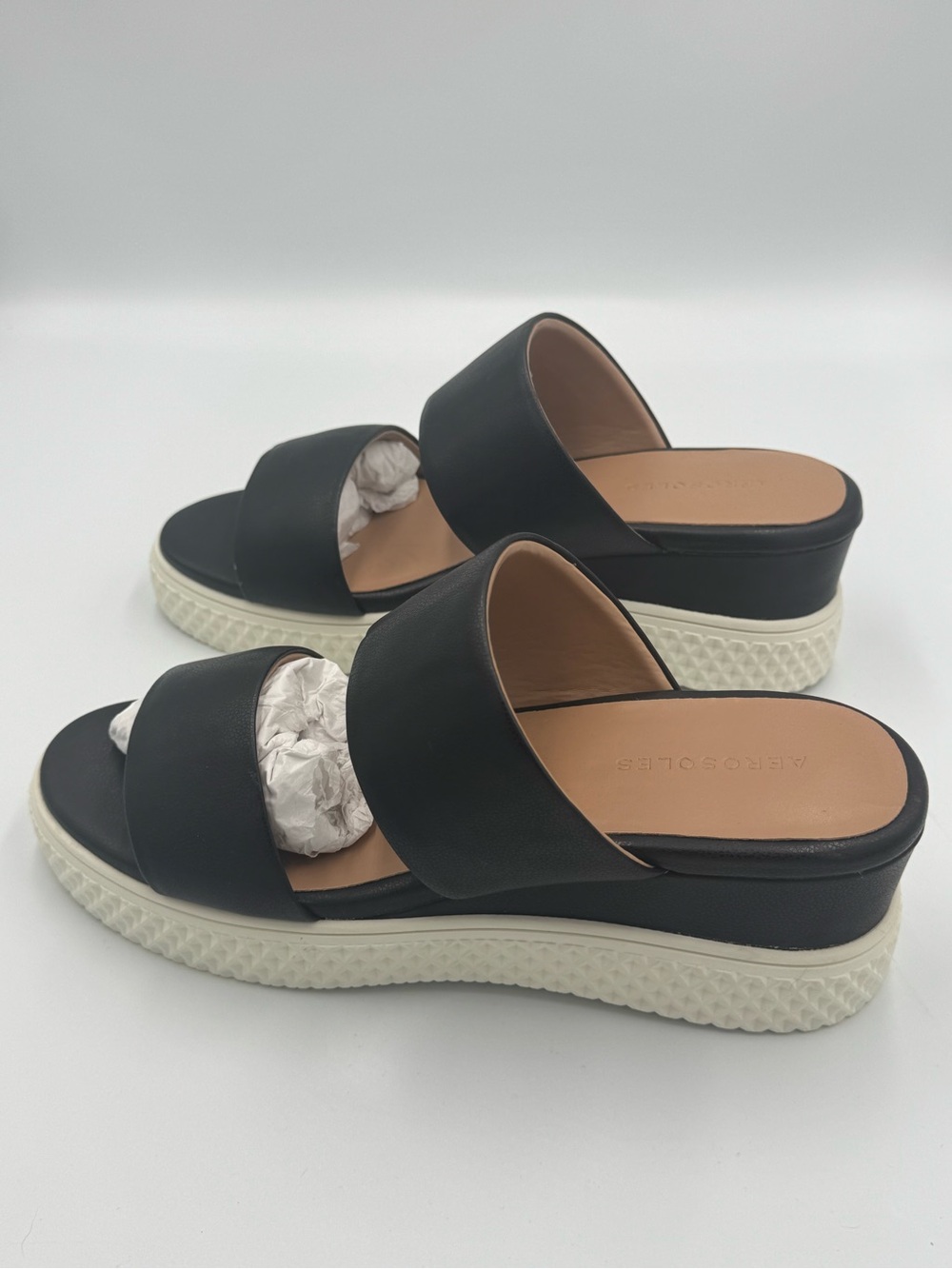 Aerosoles Black Double Strap Platform Slide Sandals Comfort Wedge Size 7.5